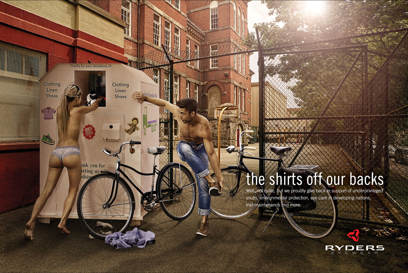 Humorous Clothing Donation Bin Cycling striptease Couple for Ryders Eyewear 