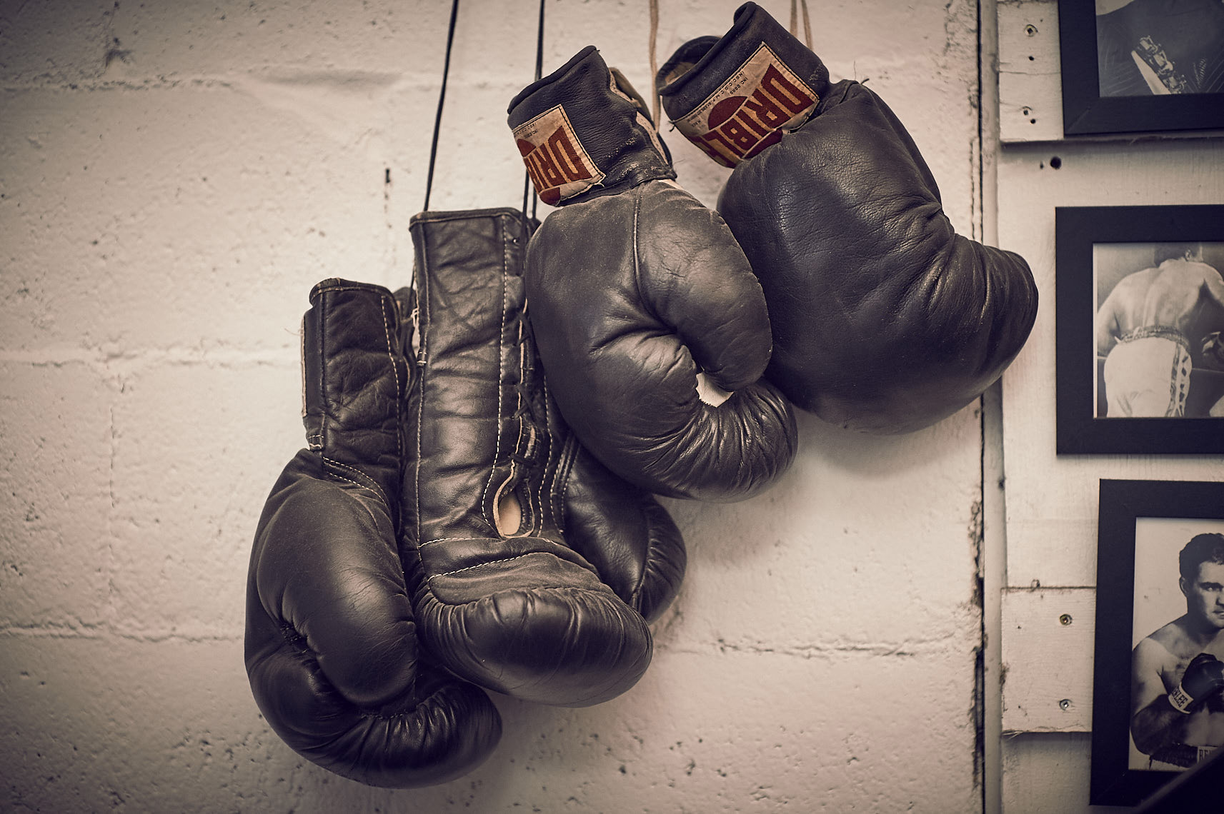 vintage boxing gloves hanging in boxing gym photographed by Vancouver photographer Waldy Martens