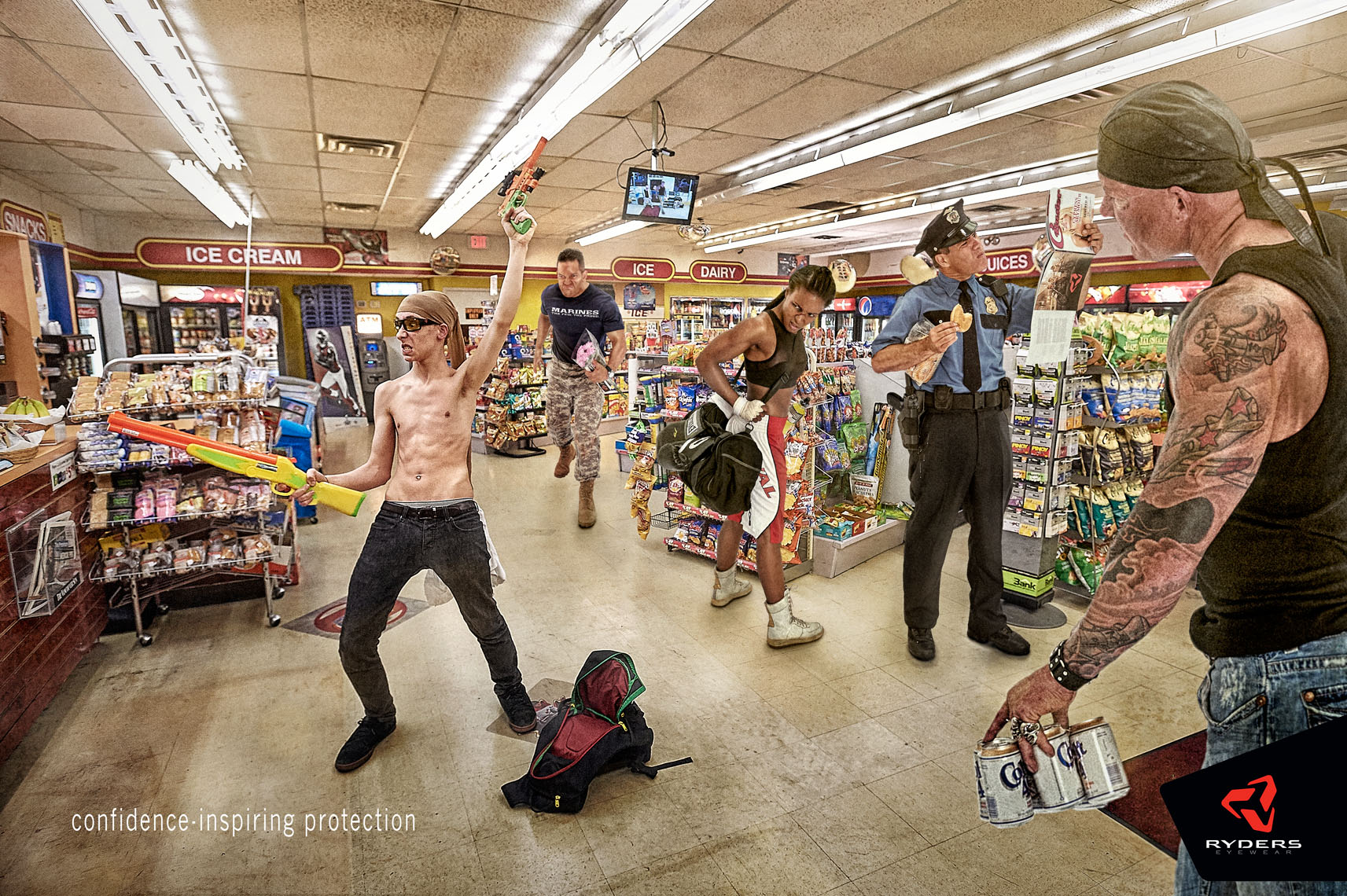 ryders robber holds up  a convenience store  as biker, marine, boxer and policeman look onMay 2015