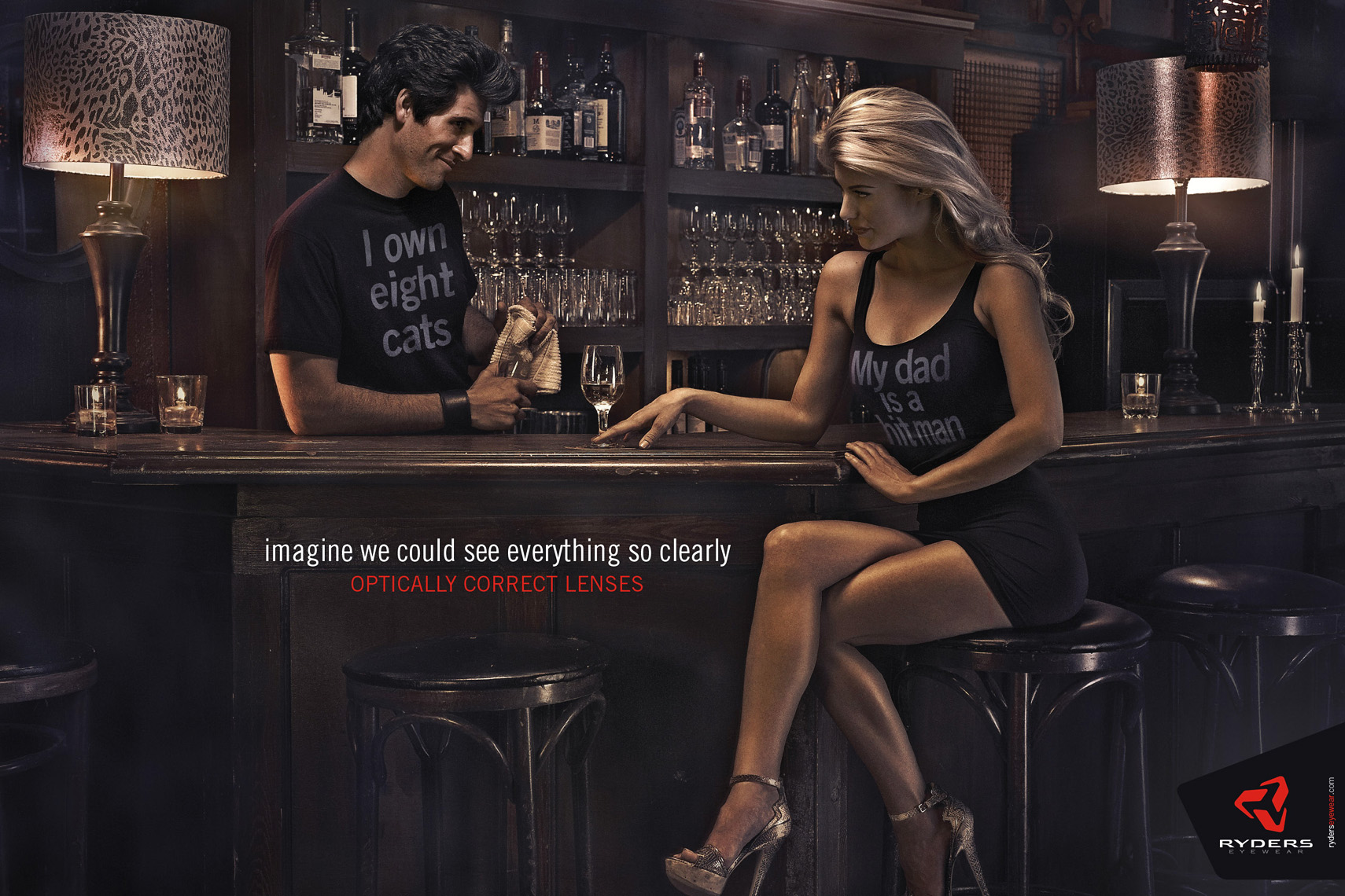 ryders eyewear bartender chats with attractive blonde at the bar